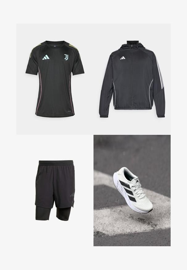 Must värvi sportlik jakk kapuutsiga, millel on valged triibud varrukatel ja lukuga esiosa. Valmistatud siledast, kergest kangast.; Must have lühikeste varrukatega särk musta värvi, helesiniste aktsentidega, kollaste õlavarre triipudega ja roosa äärepidi küljelt. Omab Adidas ja Juventus logo.; Mustavad sportlikud lühikesed püksid integreeritud sisekihiga, valmistatud hingavast kangast. Omab diskreetset logo ja struktureeritud tekstuuri. Reguleeritav vöökoht.; Valge spordijalats tekstuurse võrgu pealmise osaga, mustade triipudega, nööriga kinnitamine ja pehmendatud tallaga, levib märgitud teepinna kohal.