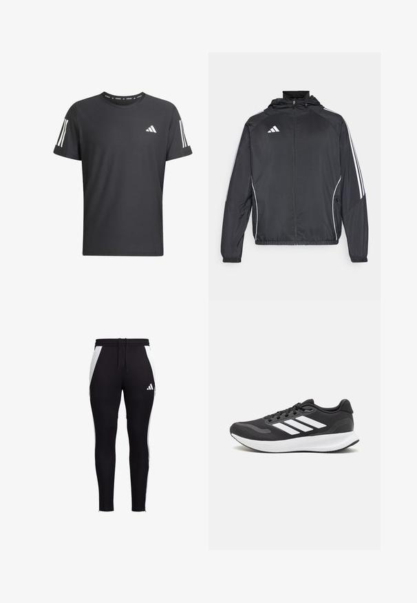 Black athletic jacket with a hood, featuring white stripes along the sleeves and a zippered front. Made from a smooth, lightweight fabric.; Black short-sleeve athletic shirt made of textured fabric. Features white three-stripe accents on sleeves and Adidas logo on the front.; Black athletic pants with white side panels, slim fit, elastic waistband with a drawstring, and a small white logo on the lower left leg.; Black athletic shoe with breathable mesh upper, white accents, and a cushioned sole. Features three stripes logo on the side.