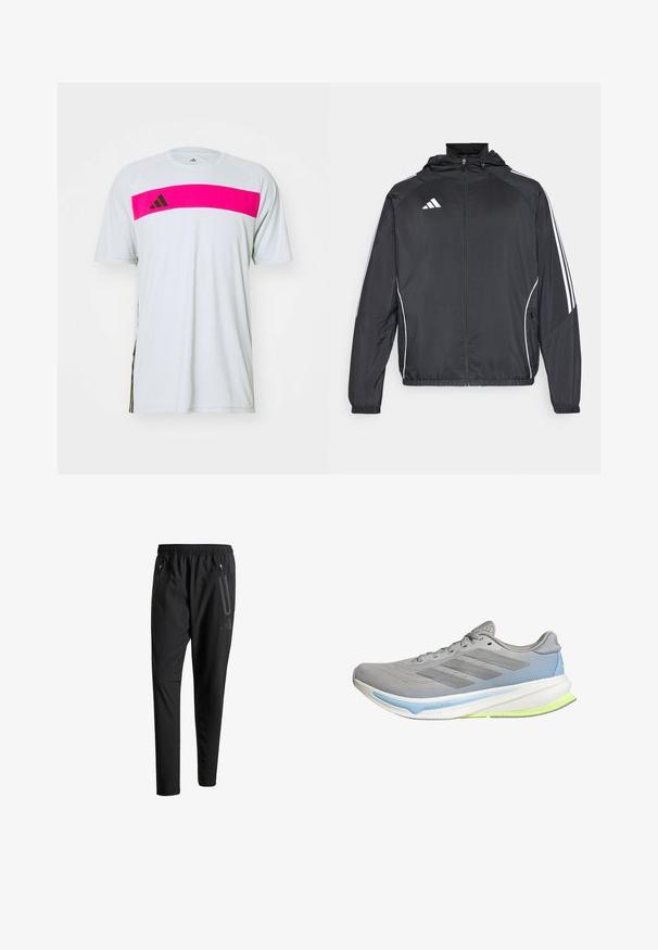 Černá sportovní bunda s kapucí, s bílými pruhy podél rukávů a s předním zipem. Vyrobena z hladkého, lehkého materiálu.; Bílý sportovní tričko s růžovým vodorovným pruhem, který obsahuje tři černé pruhy a akcenty loga na jedné straně. Vyrobeno z lehké tkaniny.; Černé sportovní kalhoty s elastickým pasem, dvěma zipovými bočními kapsami, zúženými nohavicemi a decentním logem na boku.; Lehká běžecká bota ze šedé síťoviny s modrými a limetkově zelenými akcenty. Má zakřivenou podrážku, texturovaný vzor a šest otvorů na tkaničky.