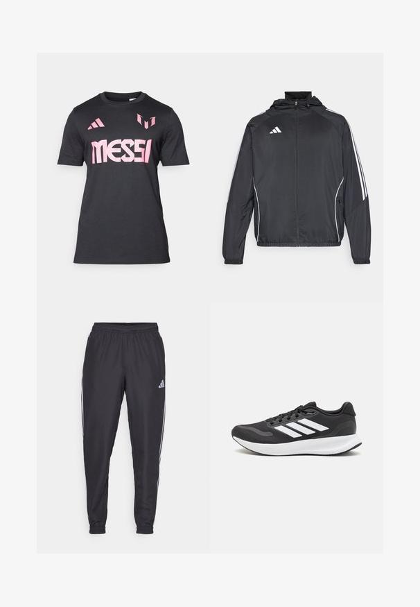 Sort atletisk jakke med hætte, med hvide striber langs ærmerne og lynlås foran. Lavet af et glat, let materiale.; Sort t-shirt med korte ærmer lavet af letvægtsstof, der har det fremtrædende pink "MESSI" logo og Adidas detaljer på skuldrene.; Svarte sportbukser med elastisk talje, med hvide striber langs siderne og et lille logo ved hoften. Glat tekstur.; Sort atletik sko med åndbart mesh-overdel, hvide accenter og en polstret sål. Har tre-stripes logo på siden.