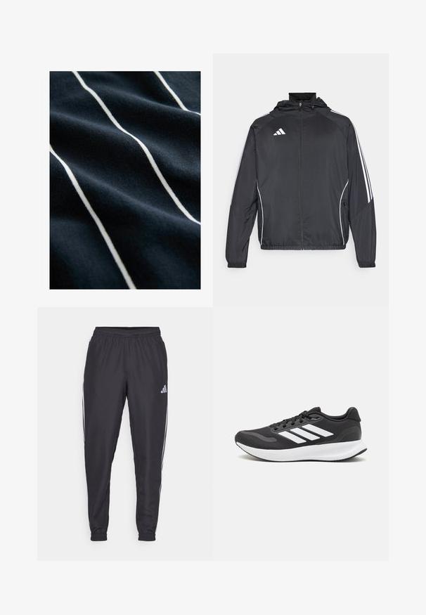 Giacca atletica nera con cappuccio, caratterizzata da strisce bianche lungo le maniche e chiusura con zip frontale. Realizzata in un tessuto liscio e leggero.; Tessuto blu navy con strisce verticali bianche, caratterizzato da una texture liscia e una leggera lucentezza, che mette in risalto il design a strisce.; Pantaloni sportivi neri con cintura elastica, dotati di strisce bianche lungo i lati e un piccolo logo sull'anca. Tessuto liscio.; Scarpa sportiva nera con tomaia in mesh traspirante, dettagli bianchi e suola ammortizzata. Presenta il logo con tre strisce sul lato.