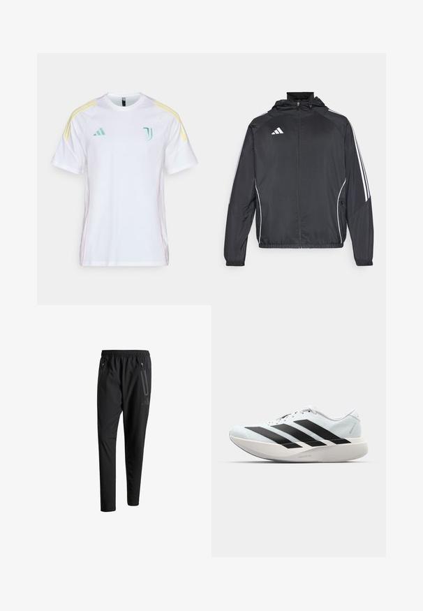 Črna športna jakna s kapuco, z belimi črtami ob rokavih in z zadrgo spredaj. Narejena iz gladkega, lahkega materiala.; Bela majica s kratkimi rokavi z kontrastnimi rumenimi poudarnimi črtami na ramenih. Ima vezeno zeleno logo na prsih in roza stranske šive.; Črne športne hlače z elastičnim pasom, dvema žepoma na zadrgo ob strani, zoženimi hlačnicami in diskretnim logotipom na boku.; Lahki tekaški čevlji v svetlo modri barvi z belimi črtami. Imajo gladek zgornji del, okroglo kapico in debel bel srednji podplat z označbo "LIGHTSTRIKE PRO."