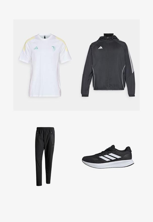 Black athletic jacket with a hood, featuring white stripes along the sleeves and a zippered front. Made from a smooth, lightweight fabric.; White short-sleeve jersey with contrasting yellow accent stripes on shoulders. Features embroidered green logo on chest and pink side stitching.; Black athletic pants with an elastic waistband, two zippered side pockets, tapered legs, and a subtle logo detail on the hip.; Black athletic shoe with white stripes, mesh upper, cushioned sole, and textured accents. Features a lace-up design and brand logo on the tongue.