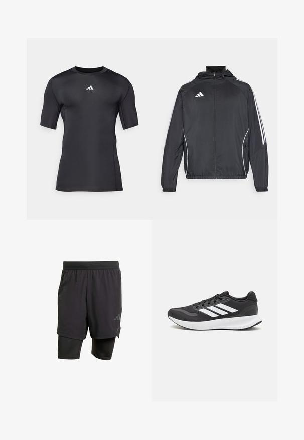 Crna atletska jakna s kapuljačom, s bijelim prugama duž rukava i zatvaranjem na zip. Izrađena od glatkog, laganog materijala.; Crna atletska majica kratkih rukava napravljena od glatkog, rastezljivog materijala. Ima bijeli logo na prsima i ravne šavove za udobnost.; Crne atletske šortse s integriranim unutarnjim slojem, izrađene od prozračnog materijala. Sadrže suptilan logo i strukturiranu teksturu. Podesivi pojas.; Crne atletske tenisice s prozračnom mrežicom na gornjem dijelu, bijelim akcentima i mekanim potplatom. Imaju logo s tri pruge sa strane.