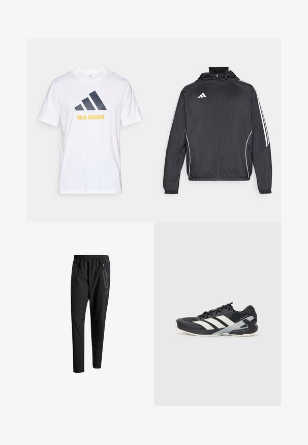 Melnā sporta jaka ar kapuci, ar baltām svītrām pa piedurknēm un ar rāvējslēdzēju priekšpusē. Izgatavota no gludas, vieglas auduma.; Balts kokvilnas T-krekls ar tumši zilu Adidas logotipu un "REAL MADRID" izdrukātu dzeltenā krāsā zem logotipa. Īsas piedurknes, apaļa kakla izgriezums.; Melni sporta bikses ar elastīgu vidukli, divām kabatām ar rāvējslēdzējiem sānos, sašaurinātām kājām un diskrētu logo detaļu uz gurniem.; Melnas sporta kurpes ar baltām svītrām, acs augšdaļa, noapaļots pirksts un mīksts zole. Iespējams ar teksturētu papēdi un drošu šņoru sistēmu.