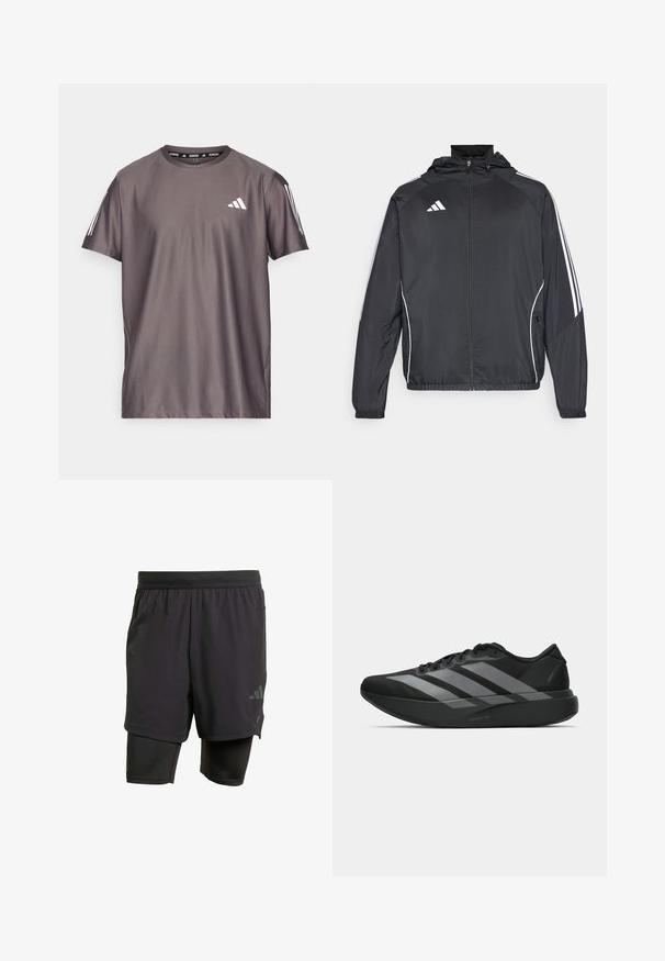 Black athletic jacket with a hood, featuring white stripes along the sleeves and a zippered front. Made from a smooth, lightweight fabric.; adidas Performance OTR B - Sports T-shirt - charcoal; Black athletic shorts with integrated inner layer, made from breathable fabric. Features subtle logo and structured texture. Adjustable waistband.; Black athletic shoes with a lightweight design, featuring three prominent gray stripes, a smooth texture, and a contoured sole.