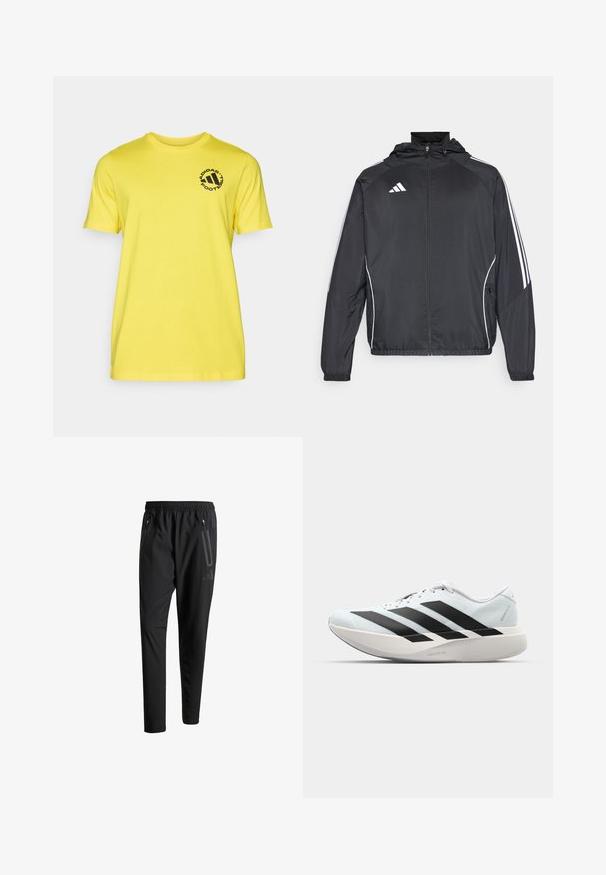 Zwarte sportjack met capuchon, voorzien van witte strepen langs de mouwen en een ritssluiting aan de voorkant. Gemaakt van een gladde, luchtige stof.; Geel katoenen T-shirt met korte mouwen en een ronde halslijn. Voorzien van een zwart circulair logo met tekst op de linkerkant van de borst.; Zwarte sportbroeken met een elastische tailleband, twee ritszakken aan de zijkant, taps toelopende pijpen en een subtiele logo-detail op de heup.; Lichte hardloopschoenen in lichtblauw met zwarte strepen. Beschikt over een soepele bovenkant, ronde neusstuk en dikke witte tussenzool met het label "LIGHTSTRIKE PRO."