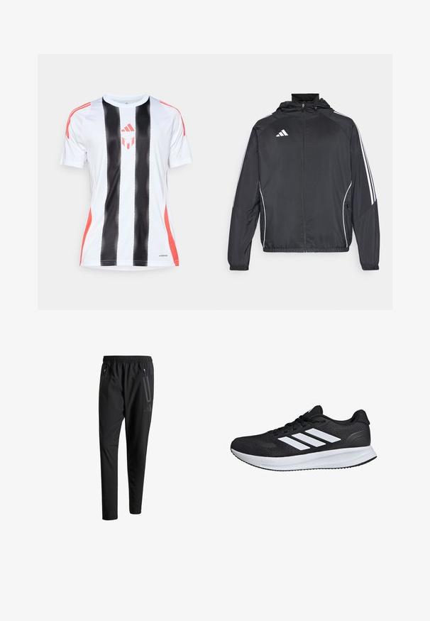 Zwarte sportjack met capuchon, voorzien van witte strepen langs de mouwen en een ritssluiting aan de voorkant. Gemaakt van een gladde, luchtige stof.; Witte sporttrui met zwarte verticale strepen en rode accenten op de schouders. Voorzien van AeroReady-technologie voor vochtregulatie.; Zwarte sportbroeken met een elastische tailleband, twee ritszakken aan de zijkant, taps toelopende pijpen en een subtiele logo-detail op de heup.; Zwarte sportschoen met witte strepen, bovenwerk van mesh, gevoerde zool en gestructureerde accenten. Voorzien van een vetersluiting en merkl logo op de tong.