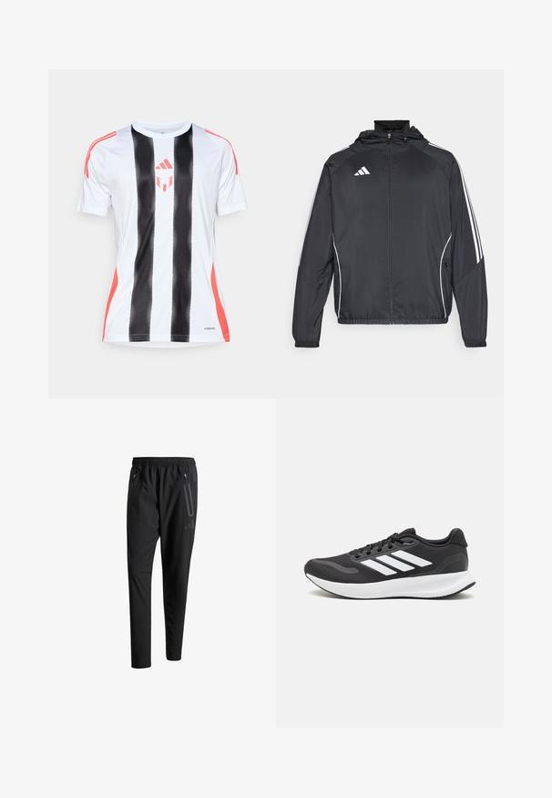 Fekete sportos dzseki kapucnival, fehér csíkokkal az ujjak mentén és cipzáras elülső résszel. Simább, könnyű anyagból készült.; Fehér sportdzseki fekete függőleges csíkokkal és piros díszítéssel a vállakon. AeroReady technológiával rendelkezik a nedvességkezelés érdekében.; Fekete sportos nadrág elasztikus derékpánttal, két cipzáras oldalt zsebbel, tapered lábakkal és diszkrét logóval a csípőn.; Fekete sportcipő légáteresztő hálós felsőrésszel, fehér kiegészítőkkel és párnázott talppal. Az oldalon három csíkkal ellátott logó található.