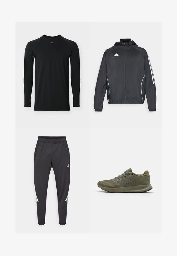 Črna športna jakna s kapuco, z belimi črtami ob rokavih in z zadrgo spredaj. Narejena iz gladkega, lahkega materiala.; Črna dolgomehka majica s krožnim ovratnikom, izdelana iz gladkega in trpežnega materiala; ima raglan rokave in subtilno tonirano oznako na ovratniku.; Črne športne hlače z zoženimi hlačnicami, elastnim pasom, stranskimi žepi ter belim logotipom in črtami. Narejene iz gladkega, lahkega materiala.; Zelene športne čevlje z strukturiranim mrežastim zgornjim delom, tremi sivo obarvanimi črtami na strani in oblazinjenim podplatom. Vsebujejo vezalke in oblazinjeno ovratnik.