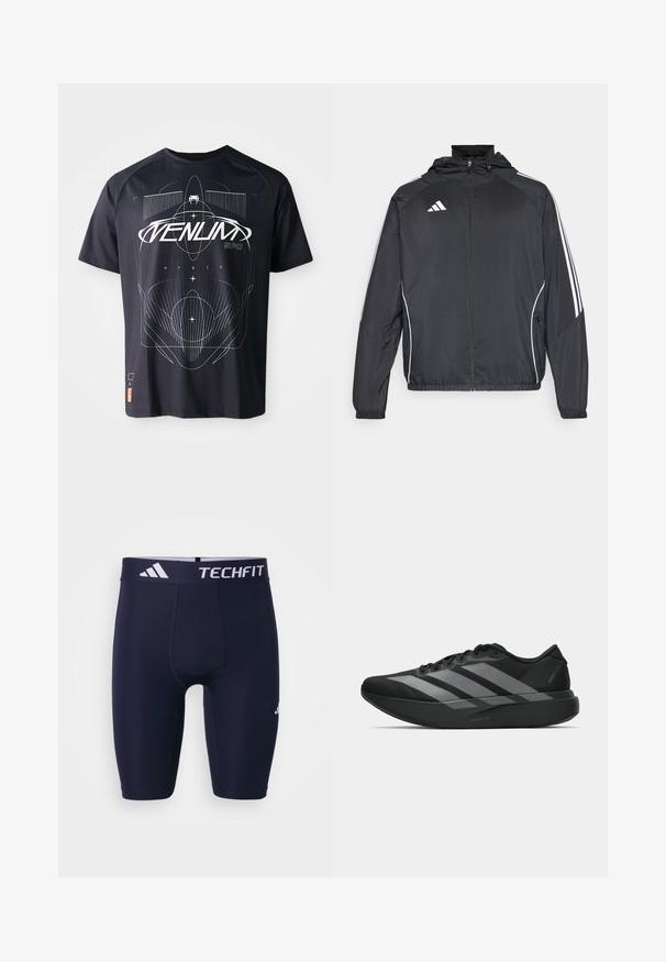 Jachetă sport neagră cu glugă, decorată cu dungi albe pe mâneci și cu fermoar în față. Fabricată dintr-un material neted și ușor.; Tricou negru cu mânecă scurtă, prezentând un design grafic alb geometric, incluzând linii și text, cu un etichetă în partea stângă jos.; Shorts atletici TECHFIT de culoare bleumarin, cu un design ajustat, talie elastică cu branding alb și material neted, elastic.; Pantofi sport negri cu un design ușor, prezentând trei dungi gri proeminente, o textură netedă și o talpă conturată.