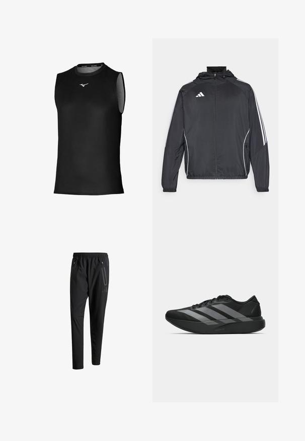 Giacca atletica nera con cappuccio, caratterizzata da strisce bianche lungo le maniche e chiusura con zip frontale. Realizzata in un tessuto liscio e leggero.; Mizuno Top - black oni; Pantaloni sportivi neri con vita elastica, due tasche laterali con cerniera, gambe affusolate e un sottile dettaglio del logo sull'anca.; Scarpe sportive nere con un design leggero, caratterizzate da tre strisce grigie prominenti, una superficie liscia e una suola sagomata.