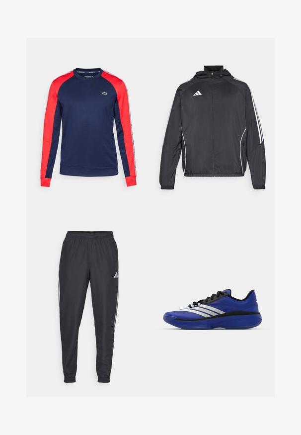 Fekete sportos dzseki kapucnival, fehér csíkokkal az ujjak mentén és cipzáras elülső résszel. Simább, könnyű anyagból készült.; Sötétkék pulóver piros ujjal, kerek nyakkal és bordás mandzsettával. Lacoste logó a mellkasán és oldalsó csíkok márkajelzéssel.; Fekete sportnadrág elasztikus derékkal, oldalán fehér csíkokkal és egy apró logóval a csípőn. Sima textúra.; adidas Performance ADIZERO SELECT 3.0 - Kosárlabdacipők - lucid blue/core black/metallic