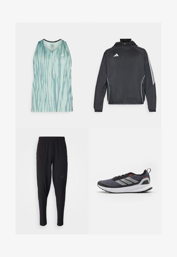 Giacca atletica nera con cappuccio, caratterizzata da strisce bianche lungo le maniche e chiusura con zip frontale. Realizzata in un tessuto liscio e leggero.; Top in cotone azzurro chiaro con un motivo tie-dye caratterizzato da strisce verticali, scollo rotondo e logo in evidenza. Realizzato in tessuto traspirante.; Pantaloni sportivi neri con vita elastica, design affusolato, tasche laterali e dettagli logo discreti. Realizzati in tessuto flessibile e traspirante.; Scarpe da corsa nere con accenti grigi. Presentano una tomaia testurizzata, una suola robusta e strisce riflettenti. Design leggero con un midsole ammortizzato.