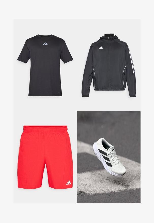 Melnā sporta jaka ar kapuci, ar baltām svītrām pa piedurknēm un ar rāvējslēdzēju priekšpusē. Izgatavota no gludas, vieglas auduma.; Melnas īsām piedurknēm sporta T-krekls, kas izgatavots no viegla auduma, ar nedaudz atstarojošu Adidas logo uz krūtīm.; Sarkanas sporta šortus ar elastīgu jostasvietu, strukturētu audumu un baltu Adidas logo tuvu apakšmalai.; Baltas sporta apavs ar teksturētu sietu augšu, melnām svītrām, auklu aizdari un mīkstu zoli, kas levitē virs marķētas ceļa virsmas.