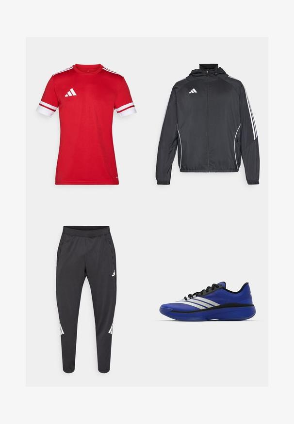Melnā sporta jaka ar kapuci, ar baltām svītrām pa piedurknēm un ar rāvējslēdzēju priekšpusē. Izgatavota no gludas, vieglas auduma.; Sarkans sporta T-krekls ar īsām piedurknēm. Baltas accenti uz piedurknēm un trīs baltas svītras uz pleciem. Izgatavots no gludas, vieglas auduma.; Melnas sporta bikses ar šaurākiem galiem, elastīgu jostasvietu, sānu kabatām, kā arī baltu logo un svītru detaļām. Izgatavotas no gluda, viegla materiāla.; adidas Performance ADIZERO SELECT 3.0 - Basketbola apavi - lucid blue/core black/metallic