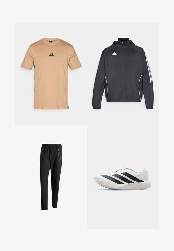 Juodas sportinis džemperis su kapišonu, turintis baltas juosteles palei rankoves ir užtrauktuką priekyje. Pagamintas iš lygaus, lengvo audinio.; Šviesiai ruda marškinėliai su apykakle ir trumpomis rankovėmis. Puošia juodas Adidas logotipas ant krūtinės ir juodos šoninės detalės. Pagaminta iš medvilnės.; Juodi sportiniai šortai su elastiniu juosmeniu, dviem užtrauktukais šoniniais kišenėmis, siaurėjančiomis kojomis ir subtiliu logotipo detaliu ant klubo.; Lengvi bėgimo batai šviesiai mėlynos spalvos su juodomis juostelėmis. Yra lygus viršus, apvalus pirštas ir storas baltas vidpadis su užrašu "LIGHTSTRIKE PRO."