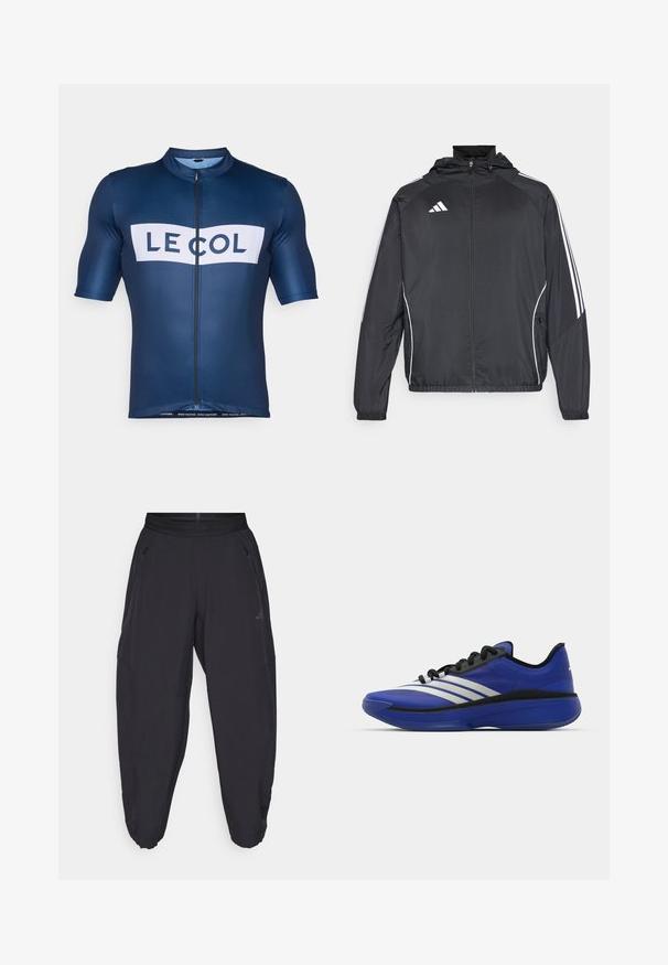 Juodas sportinis džemperis su kapišonu, turintis baltas juosteles palei rankoves ir užtrauktuką priekyje. Pagamintas iš lygaus, lengvo audinio.; Jūrų laivyno dviratininko maikutė su trumpomis rankovėmis, priekinis užtrauktukas, baltas "LE COL" logotipas ir juostelė su užrašu "VAŽIUOK GREIČIAU. VAŽIUOK ILGIAU." apatinėje dalyje.; Juoda sportinė kelnė su elastine juosmens juosta, užtrauktuko šoninėmis kišenėmis, siaurėjančiomis kojomis ir subtilia logotipu dešiniajame šlaunyje.; adidas Performance ADIZERO SELECT 3.0 - Krepšinio batai - lucid blue/core black/metallic