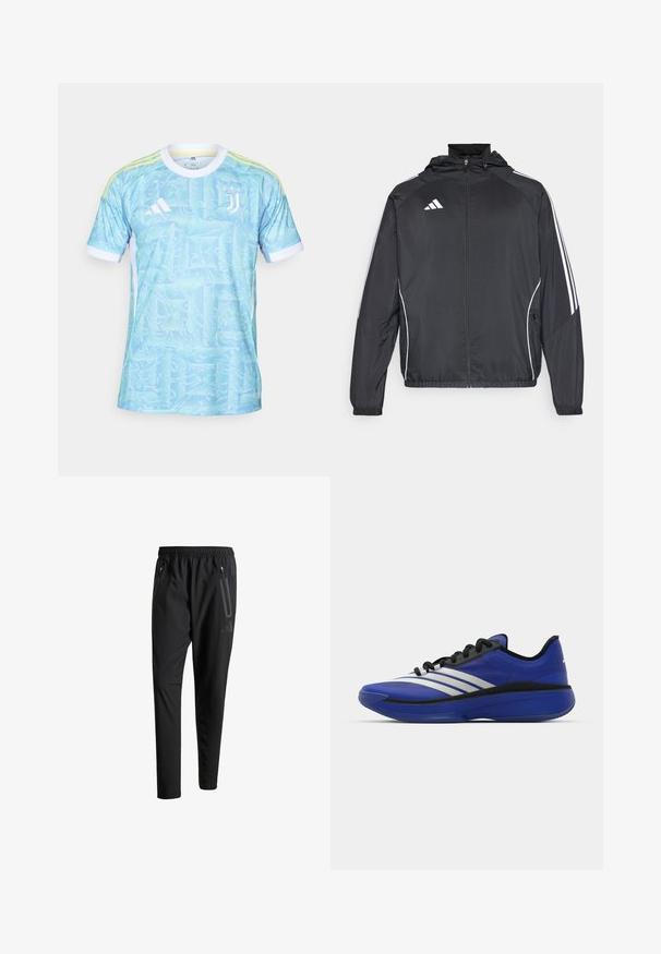 Crna atletska jakna s kapuljačom, s bijelim prugama duž rukava i zatvaranjem na zip. Izrađena od glatkog, laganog materijala.; Svijetloplava majica s apstraktnim uzorcima u obliku spirala, bijelim akcentima i tri žute pruge na ramenima. Sadrži Adidas logo i grb Juventusa.; Crne atletske hlače s elastičnim pojasom, dva bočna džepa sa zatvaračem, suženi nogavici i diskretnim logotipom na kuku.; adidas Performance ADIZERO SELECT 3.0 - Obuća za košarku - lucid blue/core black/metallic