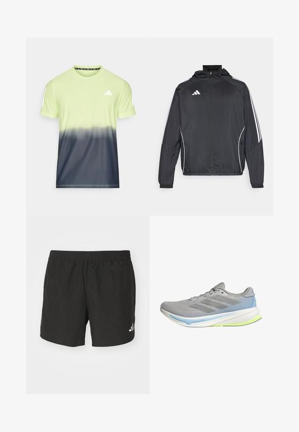 Czarna sportowa kurtka z kapturem, z białymi paskami wzdłuż rękawów i zasuwanym przodem. Wykonana z gładkiego, lekkiego materiału.; Męska koszulka z krótkim rękawem wykonana z wydajnego materiału, w kolorze gradientowym od jasnego limonkowego do ciemnoszarego. Wykonana z oddychającego materiału z akcentami logo.; Czarne spodenki sportowe z elastycznym paskiem w talii, bocznymi rozcięciami i odblaskowymi akcentami logo. Wykonane z lekkiego, gładkiego materiału.; Lekki but biegowy w szarym meshu z niebieskimi i limonkowymi akcentami. Ma zakrzywioną podeszwę, teksturowany wzór oraz sześć oczek na sznurówki.