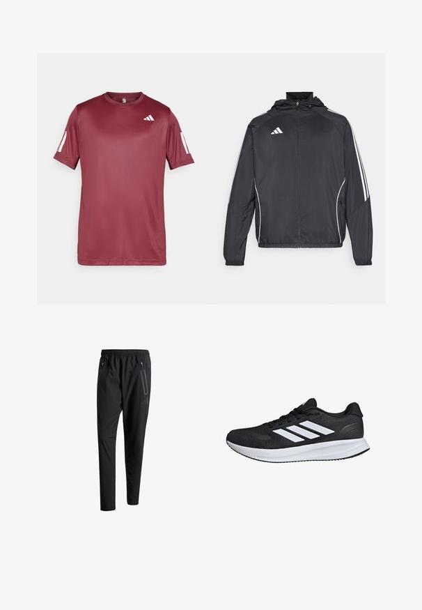 Czarna sportowa kurtka z kapturem, z białymi paskami wzdłuż rękawów i zasuwanym przodem. Wykonana z gładkiego, lekkiego materiału.; Maroonowa koszulka sportowa z krótkim rękawem, wykonana z gładkiego, lekkiego materiału. Na piersi znajduje się biały logo, a rękawy mają kontrastowe białe akcenty.; Czarne spodnie sportowe z elastycznym paskiem w talii, dwiema zasuwanymi kieszeniami bocznymi, zwężanymi nogawkami i subtelnym logo na biodrze.; Czarne buty sportowe z białymi paskami, siateczkowa cholewka, wyściełana podeszwa i teksturowane akcenty. Posiadają sznurowany design oraz logo marki na języku.