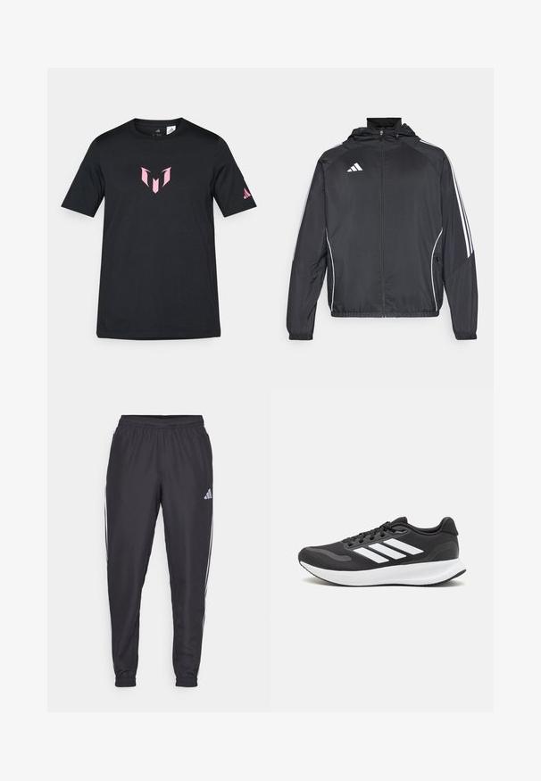 Sort atletisk jakke med hætte, med hvide striber langs ærmerne og lynlås foran. Lavet af et glat, let materiale.; Sort T-shirt med korte ærmer lavet af bomuld, med et pink geometrisk logo på brystet og et Adidas-logo på ærmet.; Svarte sportbukser med elastisk talje, med hvide striber langs siderne og et lille logo ved hoften. Glat tekstur.; Sort atletik sko med åndbart mesh-overdel, hvide accenter og en polstret sål. Har tre-stripes logo på siden.