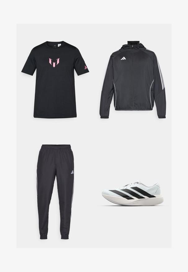 Zwarte sportjack met capuchon, voorzien van witte strepen langs de mouwen en een ritssluiting aan de voorkant. Gemaakt van een gladde, luchtige stof.; Zwarte T-shirt met korte mouwen van katoen, voorzien van een roze geometrisch logo op de borst en een Adidas-logo op de mouw.; Zwarte sportieve broek met een elastische tailleband, voorzien van witte strepen aan de zijkanten en een klein logo op de heup. Gladde textuur.; Lichte hardloopschoenen in lichtblauw met zwarte strepen. Beschikt over een soepele bovenkant, ronde neusstuk en dikke witte tussenzool met het label "LIGHTSTRIKE PRO."