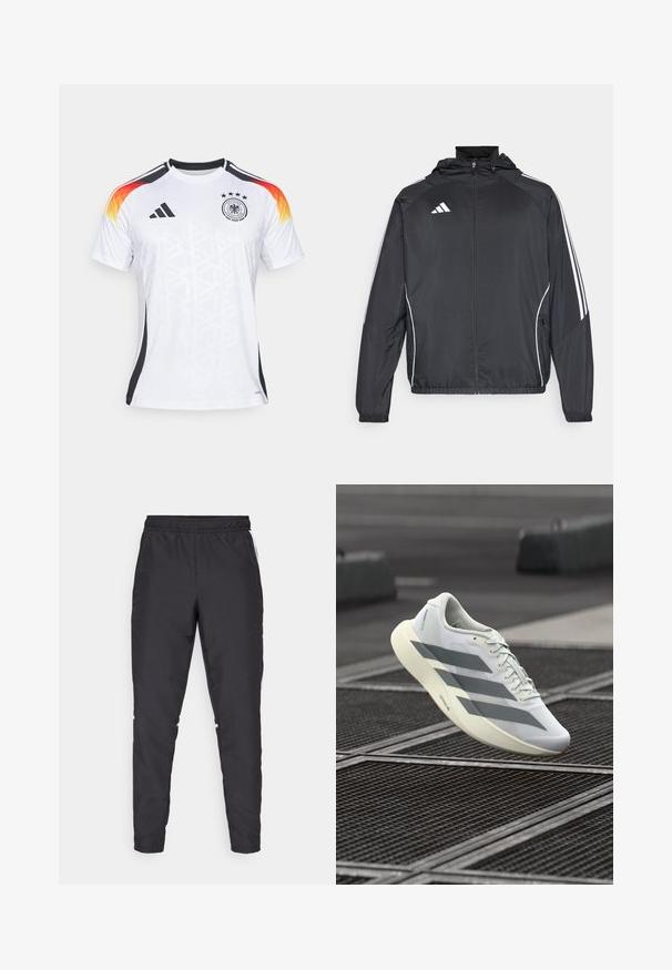 Musta urheilu takki hupulla, jossa on valkoiset raidat hihoissa ja vetoketjuzulu etupuolella. Valmistettu sileästä, kevyestä kankaasta.; Valkoinen jalkapallopaita mustilla yksityiskohdilla, muodikkaat oranssi-keltainen olkapäädesign, kolme tähteä ja teksturoitu geometrinen kuvio.; Mustat urheiluhousut, joissa on joustava vyötärö, kapenevat lahkeet ja valkoiset sivuakkentit. Valmistettu synteettisestä materiaalista, jossa on sileä tekstuuri.; Valkoinen urheilukenkä, jossa on teksturoitu verkkokangas päällinen, harmaat raidat ja pehmustettu pohja. Kevyt muotoilu, joka sopii juoksuun.