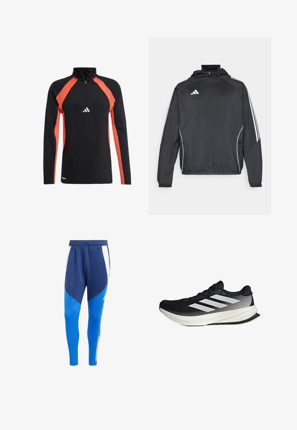 Schwarze Sportjacke mit Kapuze, ausgestattet mit weißen Streifen an den Ärmeln und einem Reißverschluss vorne. Hergestellt aus einem glatten, leichten Stoff.; Schwarzes, langärmliges Sportoberteil mit orangen Raglansleeves und hohem Kragen. Verfügt über einen Reißverschluss vorne und ein weißes Adidas-Logo auf der Brust.; Blaue Sporthosen mit einer Mischung aus dunklen und hellen blauen Paneelen, einem weißen Akzent, einem dehnbaren Bund und einem schmal zulaufenden Bein.; Schwarzer Sportschuh mit einem Mesh-Design, ausgestattet mit weißen Streifen, einer runden Zehenpartie und einer strukturierten Sohle für Grip und Unterstützung.