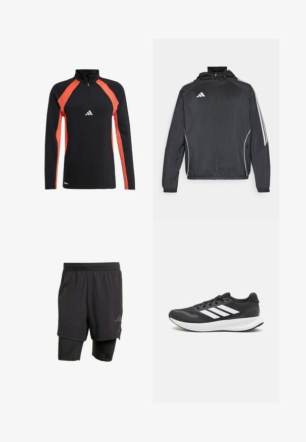 Black athletic jacket with a hood, featuring white stripes along the sleeves and a zippered front. Made from a smooth, lightweight fabric.; Black long-sleeve athletic top with orange raglan sleeves and a high collar. Features a front zipper and a white Adidas logo on the chest.; Black athletic shorts with integrated inner layer, made from breathable fabric. Features subtle logo and structured texture. Adjustable waistband.; Black athletic shoe with breathable mesh upper, white accents, and a cushioned sole. Features three stripes logo on the side.