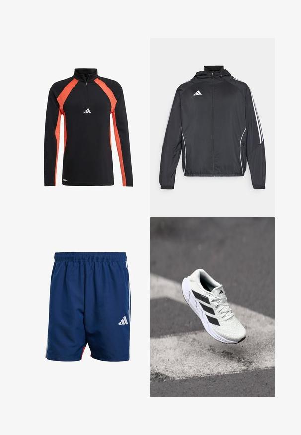 Black athletic jacket with a hood, featuring white stripes along the sleeves and a zippered front. Made from a smooth, lightweight fabric.; Black long-sleeve athletic top with orange raglan sleeves and a high collar. Features a front zipper and a white Adidas logo on the chest.; Navy blue athletic shorts with an elastic waistband, side white stripes, and a small white logo on the lower left leg. Lightweight material.; White athletic shoe with textured mesh upper, black stripes, lace closure, and a cushioned sole, levitating above a marked road surface.