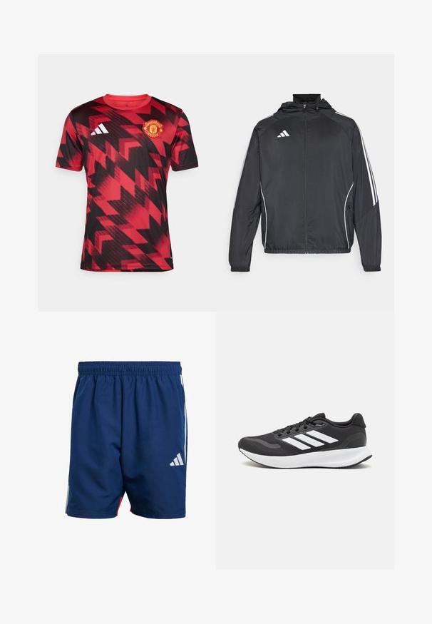 Black athletic jacket with a hood, featuring white stripes along the sleeves and a zippered front. Made from a smooth, lightweight fabric.; Red and black Manchester United jersey, featuring a geometric pattern, short sleeves, round neck, and embroidered club logo at the chest.; Navy blue athletic shorts with an elastic waistband, side white stripes, and a small white logo on the lower left leg. Lightweight material.; Black athletic shoe with breathable mesh upper, white accents, and a cushioned sole. Features three stripes logo on the side.