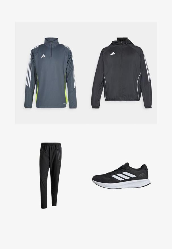 Black athletic jacket with a hood, featuring white stripes along the sleeves and a zippered front. Made from a smooth, lightweight fabric.; Dark gray athletic pullover with quarter zip, white stripes on shoulders, and a bright green side panel. Made from a smooth, breathable fabric.; Black athletic pants with an elastic waistband, two zippered side pockets, tapered legs, and a subtle logo detail on the hip.; Black athletic shoe with white stripes, mesh upper, cushioned sole, and textured accents. Features a lace-up design and brand logo on the tongue.