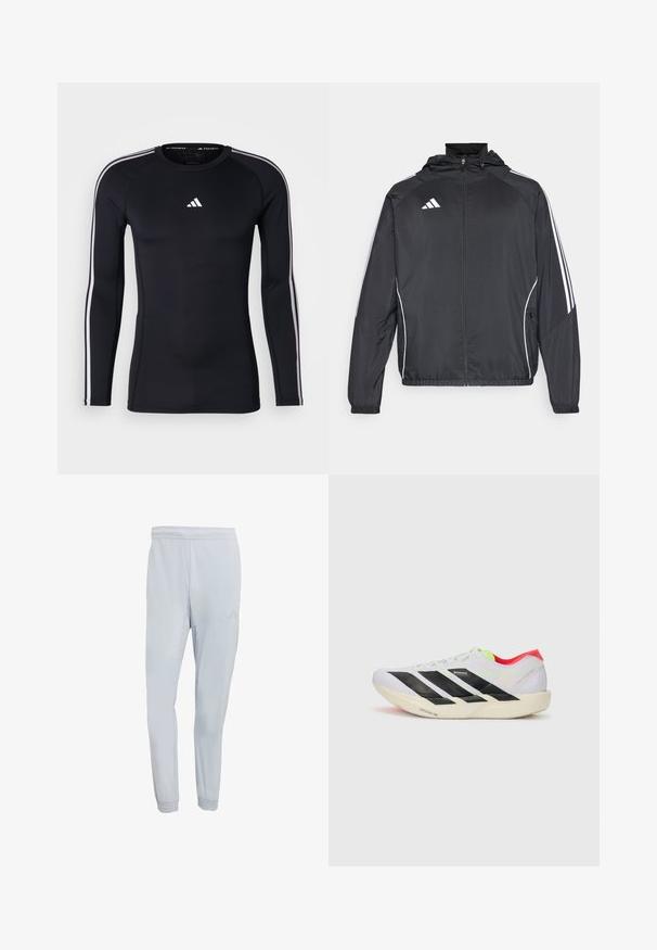 Zwarte sportjack met capuchon, voorzien van witte strepen langs de mouwen en een ritssluiting aan de voorkant. Gemaakt van een gladde, luchtige stof.; Zwart atletisch shirt met lange mouwen en een getailleerd ontwerp. Kenmerkt zich door een wit Adidas-logo op de borst en witte strepen langs de schouders.; Lichtgrijze sportbroek met een slanke pasvorm, elastische tailleband, gerimpelde manchetten en subtiele logo-details, gemaakt van vochtafvoerende materialen.; Witte hardloopschoen met zwarte strepen, neon groene accenten en een rode hak. Beschikt over een lichtgewicht ontwerp en een gestructureerde zool voor grip.