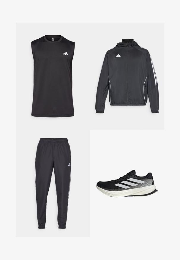 Czarna sportowa kurtka z kapturem, z białymi paskami wzdłuż rękawów i zasuwanym przodem. Wykonana z gładkiego, lekkiego materiału.; Czarny bezrękawnik sportowy wykonany z oddychającego materiału, z okrągłym dekoltem i białym logo na górnej lewej stronie.; Czarne spodnie sportowe z elastycznym paskiem w talii, z białymi paskami po bokach i małym logo na biodrze. Gładka faktura.; Czarny but sportowy z siateczkowym wzorem, z białymi paskami, zaokrąglonym noskiem i teksturowaną podeszwą dla lepszej przyczepności i wsparcia.