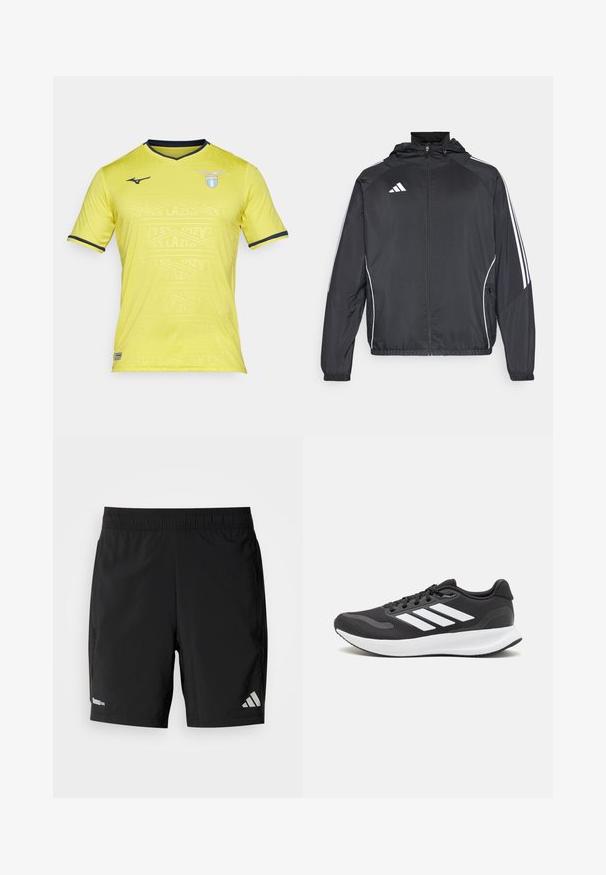 Crna atletska jakna s kapuljačom, s bijelim prugama duž rukava i zatvaranjem na zip. Izrađena od glatkog, laganog materijala.; Žuta kratka rukava nogometna majica s V-izrezom, koja sadrži suptilan uzorak i tamnoplave akcentne boje. Logo SS Lazija nalazi se na lijevoj strani prsnog koša.; Crne sportske hlače od laganog materijala, s elastičnim pojasom, bočnim džepovima i reflektirajućim logotipom na jednoj nozi.; Crne atletske tenisice s prozračnom mrežicom na gornjem dijelu, bijelim akcentima i mekanim potplatom. Imaju logo s tri pruge sa strane.