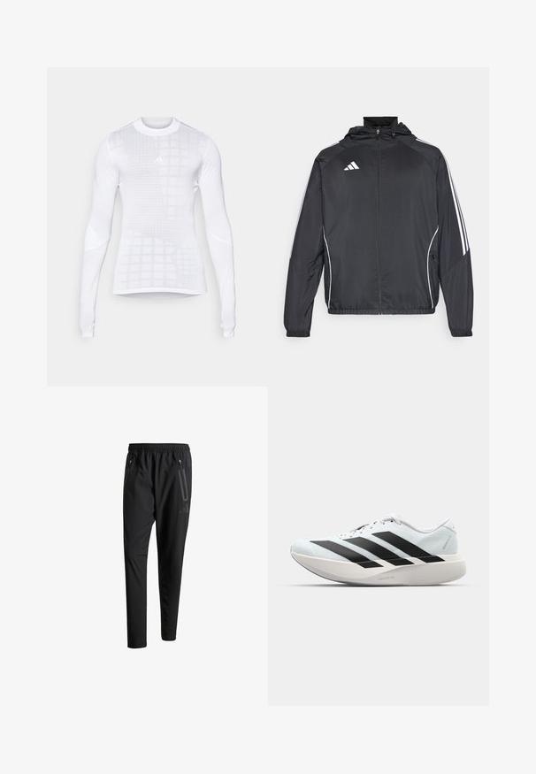 Must värvi sportlik jakk kapuutsiga, millel on valged triibud varrukatel ja lukuga esiosa. Valmistatud siledast, kergest kangast.; Pikem varrukaga spordisärk valge värviga, millel on ruuduline muster ja tekstuurilised detailid. Valmistatud sujuvast, venivast kangast, millel on istuv disain.; Mustavad spordipüksid elastse vöökoha, kahe tõmblukuga küljetasku, kitsenevate säärete ning õrna logodetailiga puusadel.; Kerged jooksujalatsid helesinises värvuses mustade triipudega. Omavad siledat pealispinda, ümarat varvase osa ja paksu valget vahemõõtu, millel on silt "LIGHTSTRIKE PRO".