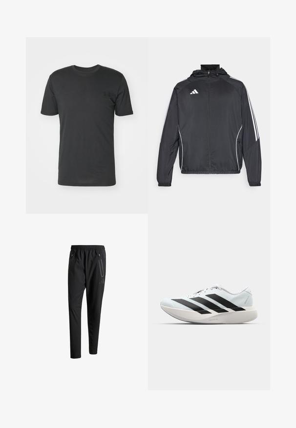 Casaco atlético preto com capuz, apresentando riscas brancas ao longo das mangas e um fecho éclair na frente. Fabricado em um tecido liso e leve.; T-shirt preta de mangas curtas, feita de algodão, com decote redondo e um pequeno logótipo preto na área do peito esquerdo.; Calças de treino pretas com uma cintura elástica, dois bolsos laterais com fecho, pernas ajustadas e um discreto detalhe de logotipo no quadril.; Tênis de corrida leves em azul pálido com riscas pretas. Apresentam um cabedal liso, bico redondo e uma entressola espessa branca rotulada como "LIGHTSTRIKE PRO."