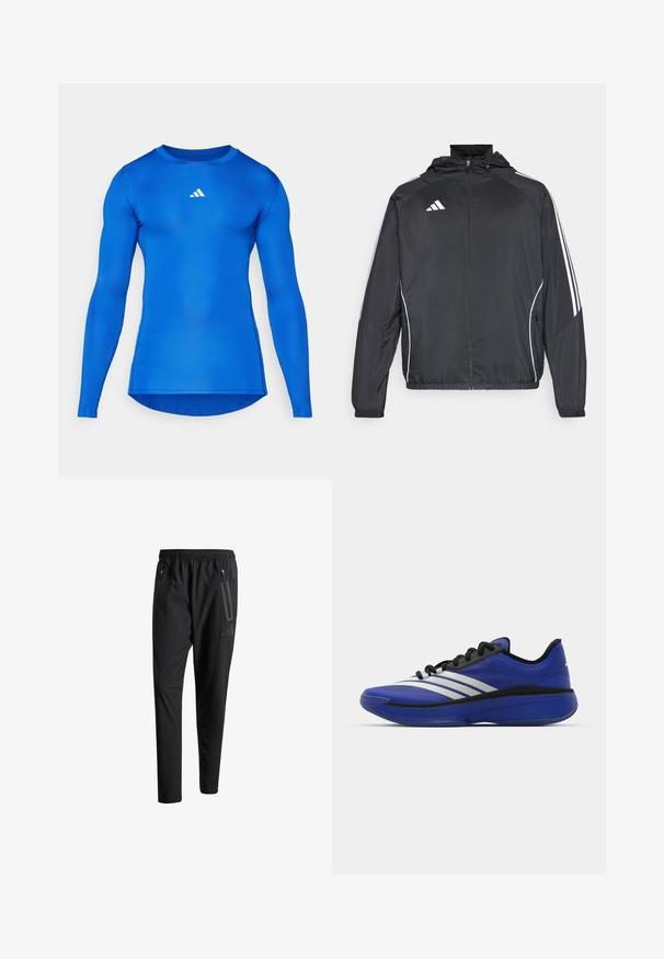 Čierna športová bunda s kapucňou, ktorá má biele pruhy pozdĺž rukávov a zips v prednej časti. Vyrobená z hladkej, ľahkej tkaniny.; Dlhý rukáv športového trička v jednoliatej modrej farbe, vyrobené zo pružného materiálu. Má okrúhly výstrih a malé biele logo na hrudi.; Čierne športové nohavice s elastickým pásom, dvoma bočnými zipsovými vreckami, zužujúcimi sa nohavicami a nenápadným detailom loga na bokoch.; adidas Performance ADIZERO SELECT 3.0 - Basketbalová obuv - lucid blue/core black/metallic