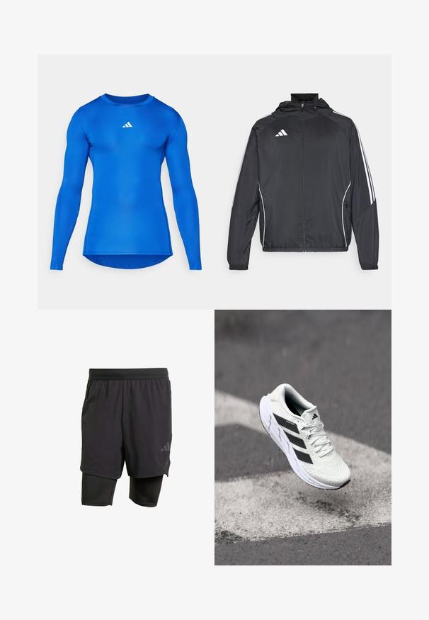 Black athletic jacket with a hood, featuring white stripes along the sleeves and a zippered front. Made from a smooth, lightweight fabric.; Long-sleeve athletic shirt in solid blue, made of stretchy fabric. Features a crew neckline and a small white logo on the chest.; Black athletic shorts with integrated inner layer, made from breathable fabric. Features subtle logo and structured texture. Adjustable waistband.; White athletic shoe with textured mesh upper, black stripes, lace closure, and a cushioned sole, levitating above a marked road surface.