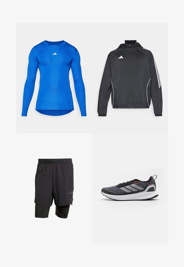 Giacca atletica nera con cappuccio, caratterizzata da strisce bianche lungo le maniche e chiusura con zip frontale. Realizzata in un tessuto liscio e leggero.; Maglietta atletica a maniche lunghe di colore blu uniforme, realizzata in tessuto elasticizzato. Presenta un collo a giro e un piccolo logo bianco sul petto.; Pantaloni sportivi neri con strato interno integrato, realizzati in tessuto traspirante. Presentano un logo discreto e una texture strutturata. Vita regolabile.; Scarpe da corsa nere con accenti grigi. Presentano una tomaia testurizzata, una suola robusta e strisce riflettenti. Design leggero con un midsole ammortizzato.