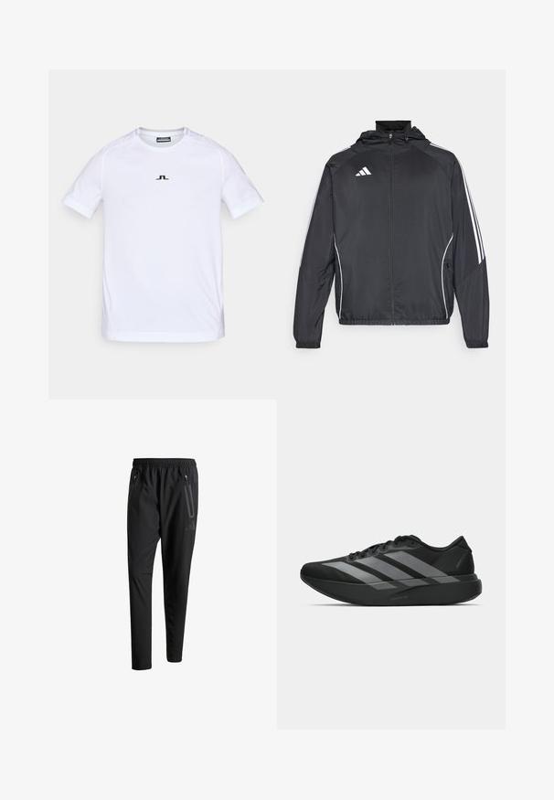 Black athletic jacket with a hood, featuring white stripes along the sleeves and a zippered front. Made from a smooth, lightweight fabric.; White short-sleeve athletic shirt made of lightweight fabric. Features a subtle black logo on the chest and ergonomic seam design for comfort.; Black athletic pants with an elastic waistband, two zippered side pockets, tapered legs, and a subtle logo detail on the hip.; Black athletic shoes with a lightweight design, featuring three prominent gray stripes, a smooth texture, and a contoured sole.