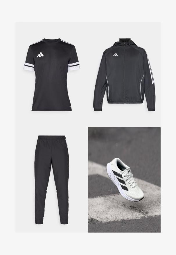 Czarna sportowa kurtka z kapturem, z białymi paskami wzdłuż rękawów i zasuwanym przodem. Wykonana z gładkiego, lekkiego materiału.; Czarna sportowa koszulka z krótkim rękawem. Posiada białe paski na rękawach oraz białe logo w postaci trzech pasków na lewym ramieniu. Wykonana z gładkiego materiału.; Czarne spodnie sportowe z elastycznym mankietem, zwężanymi nogawkami i białymi akcentami po bokach. Wykonane z materiału syntetycznego o gładkiej fakturze.; Białe buty sportowe z teksturowaną siateczką, czarnymi paskami, z zapięciem na sznurowadła i wyściełaną podeszwą, unoszące się nad oznaczoną nawierzchnią drogi.