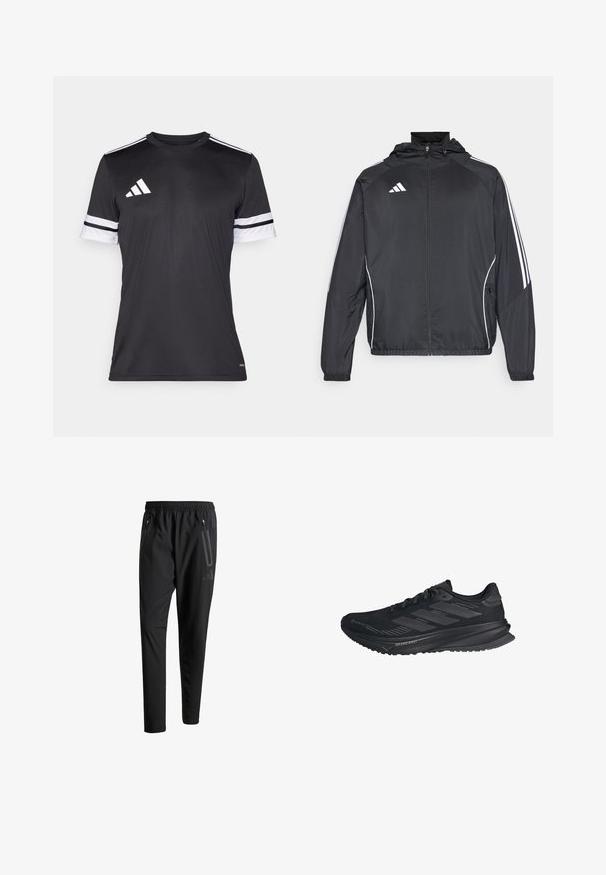 Crna atletska jakna s kapuljačom, s bijelim prugama duž rukava i zatvaranjem na zip. Izrađena od glatkog, laganog materijala.; Crna atletska majica kratkih rukava. Ima bijele pruge na rukavima i bijeli trostruki logo na lijevom ramenu. Izrađena je od glatkog materijala.; Crne atletske hlače s elastičnim pojasom, dva bočna džepa sa zatvaračem, suženi nogavici i diskretnim logotipom na kuku.; Crne Adidas trkaće tenisice s Gore-Tex gornjim dijelom, tri pruge sa strane i "Dreamstrike" na potplatu, prikazane s vanjske strane.