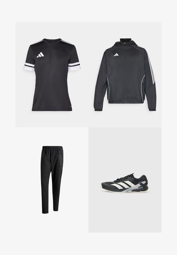 Fekete sportos dzseki kapucnival, fehér csíkokkal az ujjak mentén és cipzáras elülső résszel. Simább, könnyű anyagból készült.; Fekete sportpóló rövid ujjakkal. Fehér csíkokkal rendelkezik a felsőn, és egy fehér háromcsíkos logóval a bal vállon. Sima anyagból készült.; Fekete sportos nadrág elasztikus derékpánttal, két cipzáras oldalt zsebbel, tapered lábakkal és diszkrét logóval a csípőn.; Fekete sportcipő fehér csíkokkal, hálós felsőrész, kerek orr és párnázott talp. Texturált sarokkal és biztonságos fűzőrendszerrel rendelkezik.