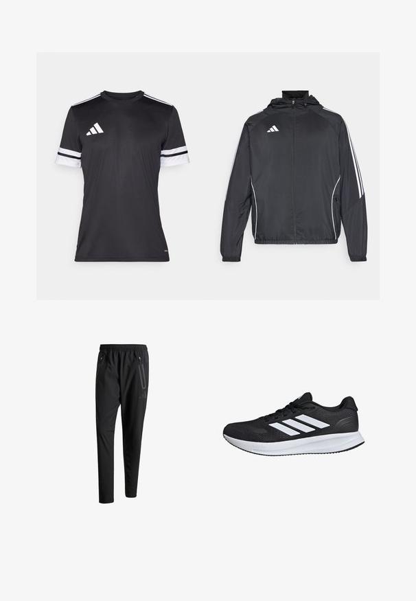 Czarna sportowa kurtka z kapturem, z białymi paskami wzdłuż rękawów i zasuwanym przodem. Wykonana z gładkiego, lekkiego materiału.; Czarna sportowa koszulka z krótkim rękawem. Posiada białe paski na rękawach oraz białe logo w postaci trzech pasków na lewym ramieniu. Wykonana z gładkiego materiału.; Czarne spodnie sportowe z elastycznym paskiem w talii, dwiema zasuwanymi kieszeniami bocznymi, zwężanymi nogawkami i subtelnym logo na biodrze.; Czarne buty sportowe z białymi paskami, siateczkowa cholewka, wyściełana podeszwa i teksturowane akcenty. Posiadają sznurowany design oraz logo marki na języku.