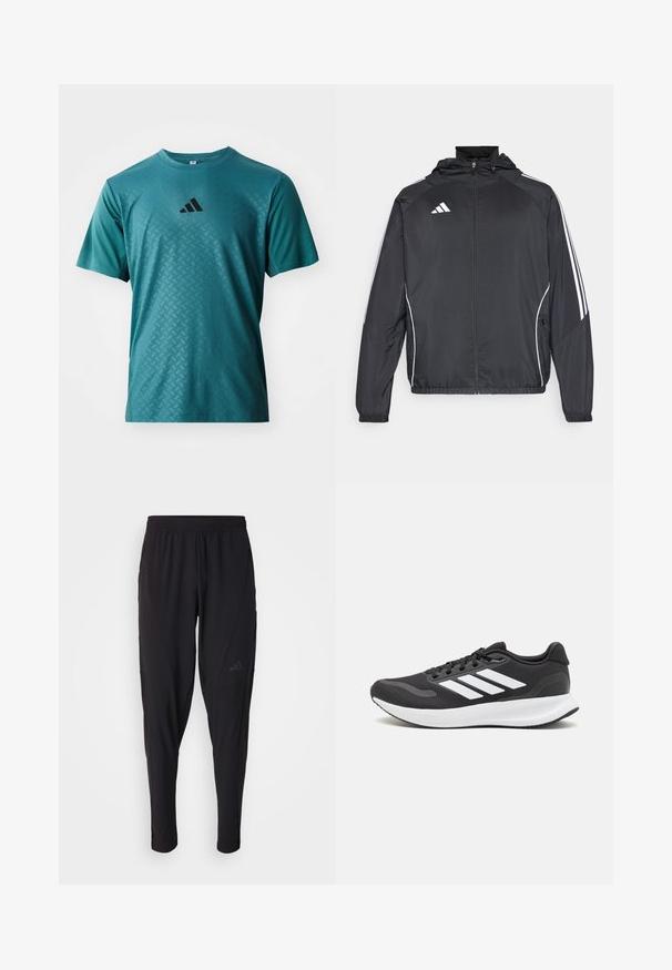 Čierna športová bunda s kapucňou, ktorá má biele pruhy pozdĺž rukávov a zips v prednej časti. Vyrobená z hladkej, ľahkej tkaniny.; adidas Performance POWER TEE - Športové tričko - preloved teal; Čierne športové nohavice s elastickým pásom, zúženým strihom, bočnými vreckami a nenápadným logom. Vyrobené z flexibilnej, priedušnej tkaniny.; Čierna športová obuv s priedušným sieťovaným zvrškom, bielymi akcentmi a polstrovanou podrážkou. Na bočnej strane sa nachádza logo so tromi pruhmi.