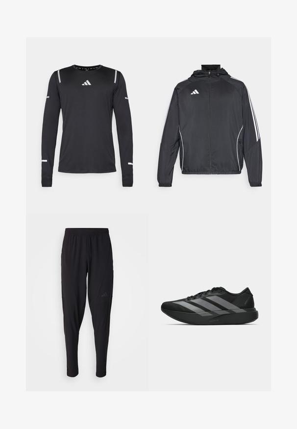 Giacca atletica nera con cappuccio, caratterizzata da strisce bianche lungo le maniche e chiusura con zip frontale. Realizzata in un tessuto liscio e leggero.; Maglia sportiva a maniche lunghe in tessuto nero, dotata di accenti riflettenti argento sulle spalle e sulle maniche, colletto rotondo con leggera textura.; Pantaloni sportivi neri con vita elastica, design affusolato, tasche laterali e dettagli logo discreti. Realizzati in tessuto flessibile e traspirante.; Scarpe sportive nere con un design leggero, caratterizzate da tre strisce grigie prominenti, una superficie liscia e una suola sagomata.