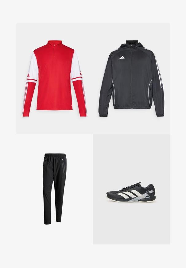 Melnā sporta jaka ar kapuci, ar baltām svītrām pa piedurknēm un ar rāvējslēdzēju priekšpusē. Izgatavota no gludas, vieglas auduma.; Sarkans sporta krekliņš ar garām piedurknēm un ceturtdaļas rāvējslēdzēju, ar baltām piedurknēm, trim baltām svītrām gar pleciem un Adidas logo uz piedurknēm.; Melni sporta bikses ar elastīgu vidukli, divām kabatām ar rāvējslēdzējiem sānos, sašaurinātām kājām un diskrētu logo detaļu uz gurniem.; Melnas sporta kurpes ar baltām svītrām, acs augšdaļa, noapaļots pirksts un mīksts zole. Iespējams ar teksturētu papēdi un drošu šņoru sistēmu.