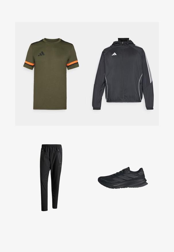 Svart sportsjakke med hette, med hvite striper langs ermene og glidelås foran. Laget av et glatt, lett stoff.; Olivengrønn t-skjorte med korte ermer, sort skulderdetaljer og oransje striper på ermene. Har adidas-logo i svart foran.; Svarte treningsbukser med elastisk liv, to glidelåslommer på sidene, avsmalnende ben og en subtil logo detalj ved hoften.; Svart Adidas løpesko med Gore-Tex-overdel, tre striper på siden, og "Dreamstrike" på sålen, sett fra utsiden.